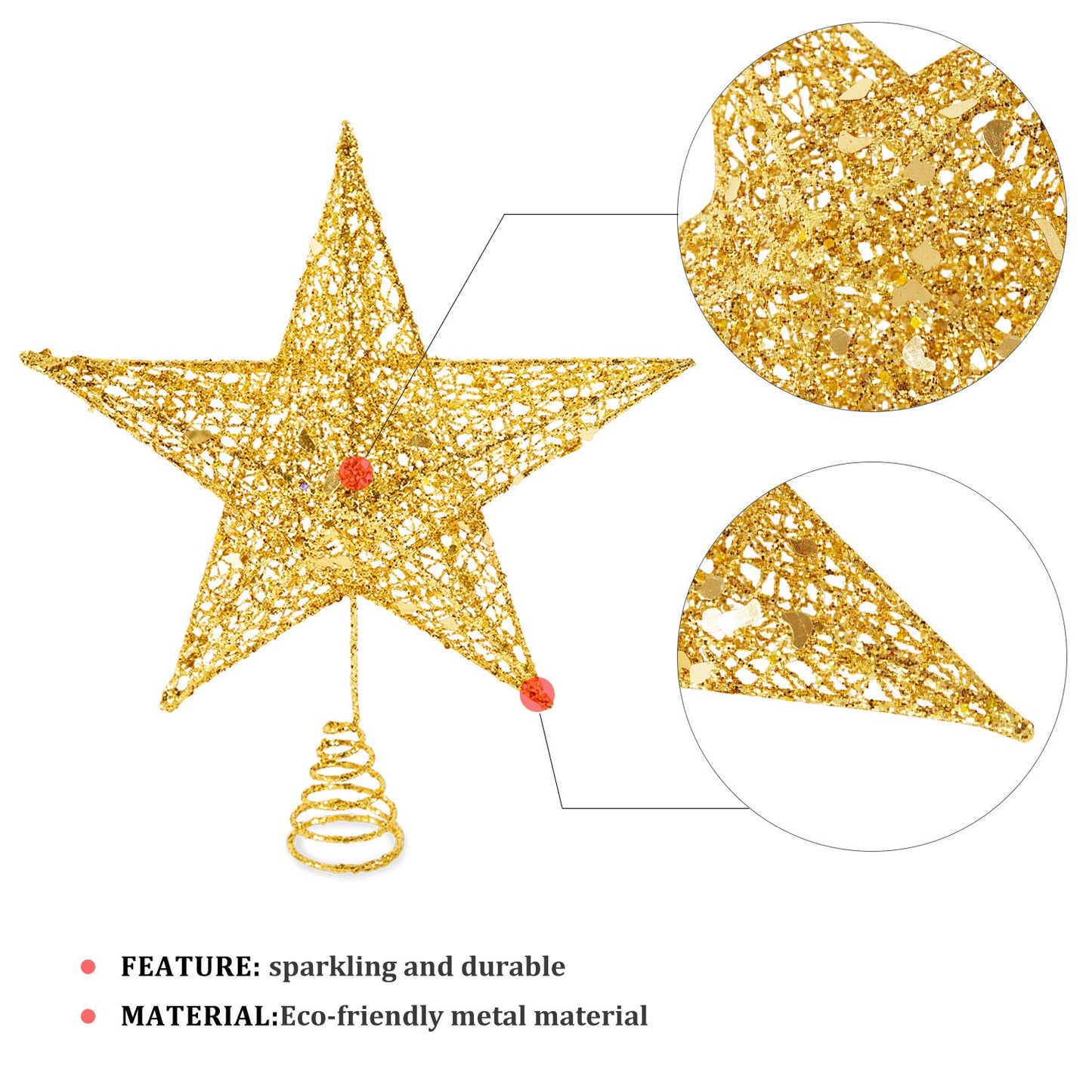 Glittered Christmas Tree Topper, 8 Inches Gold Glitter Christmas Tree Ornaments Metal Hollow Star for Christmas Tree Home Decoration