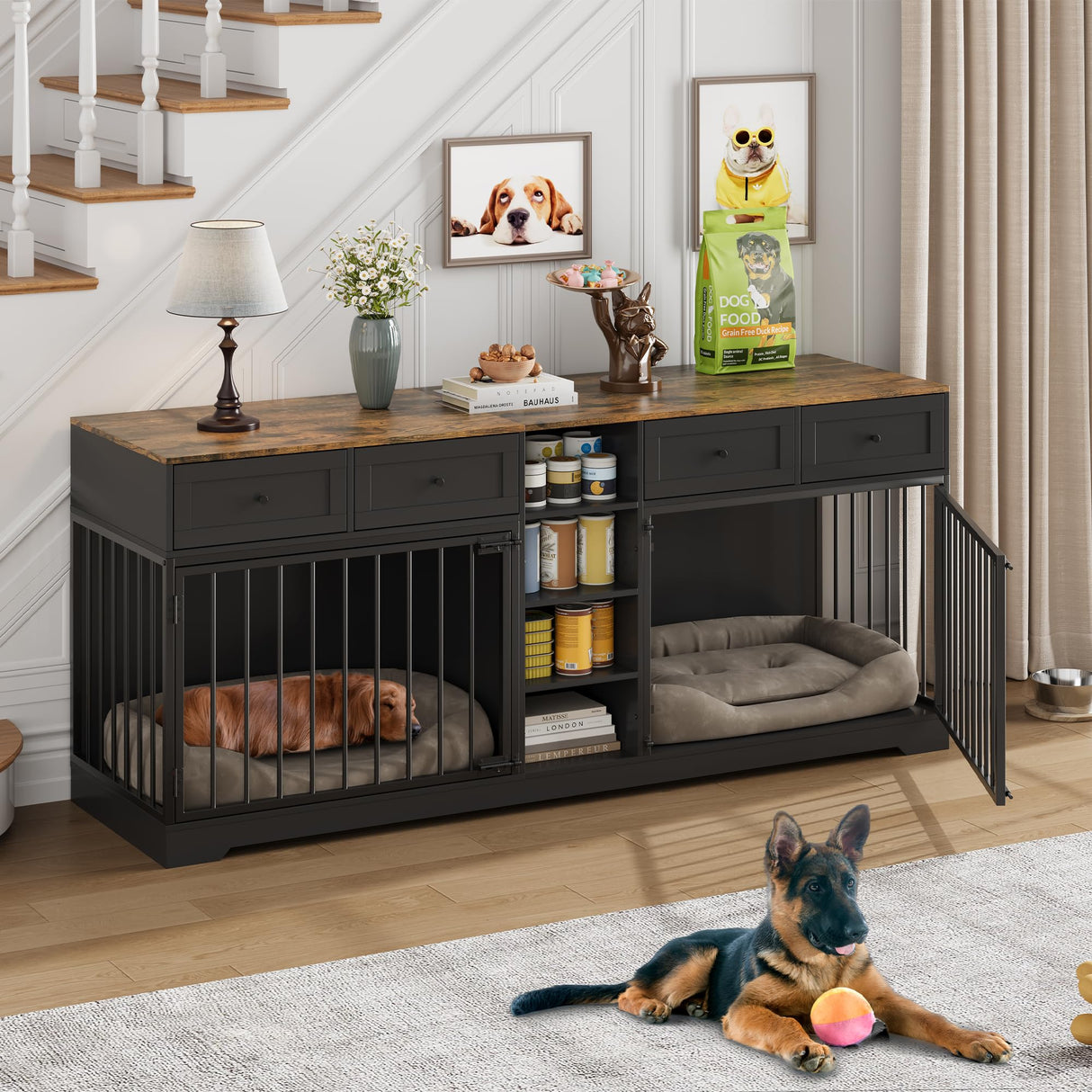 GarveeHome 82” Double Dog Crate Furniture, Large Dog Kennel Indoor for 2 Dogs, Heavy Duty Wooden Dog Crate TV Stand with 4 Drawers and Shelves, Black GarveeHome