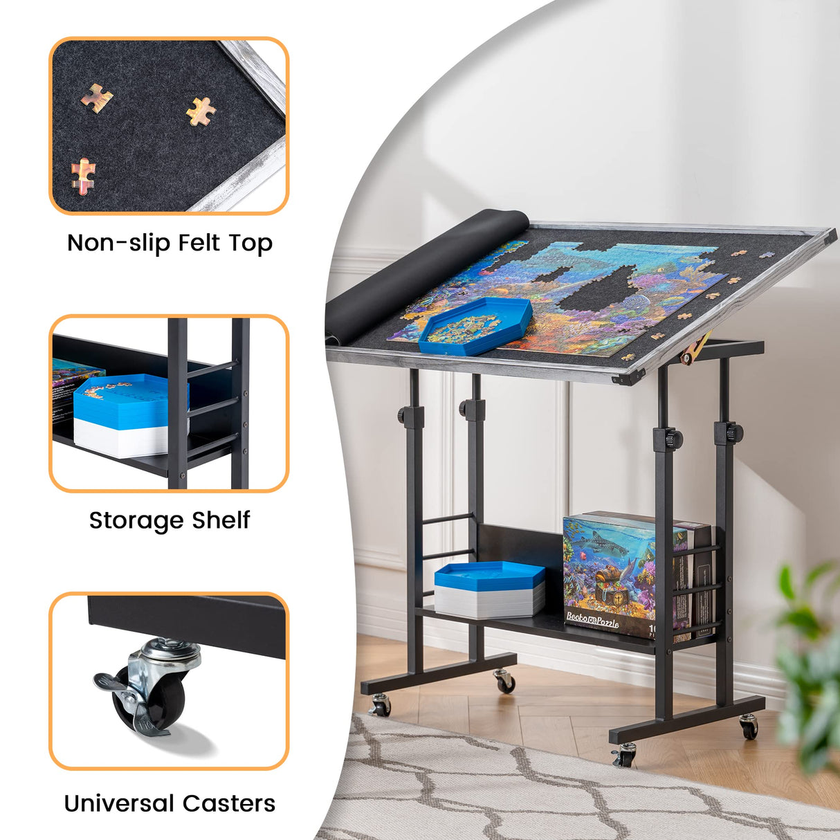Becko US 1500 Piece Jigsaw Puzzle Table with Legs, Adjustable & Stand Up Puzzle Tables, with 5 Tilting Angle & Height Adjustment, Wood Jigsaw Puzzle Board with Cover Mat, Enclosed with 4 Wheels Becko US