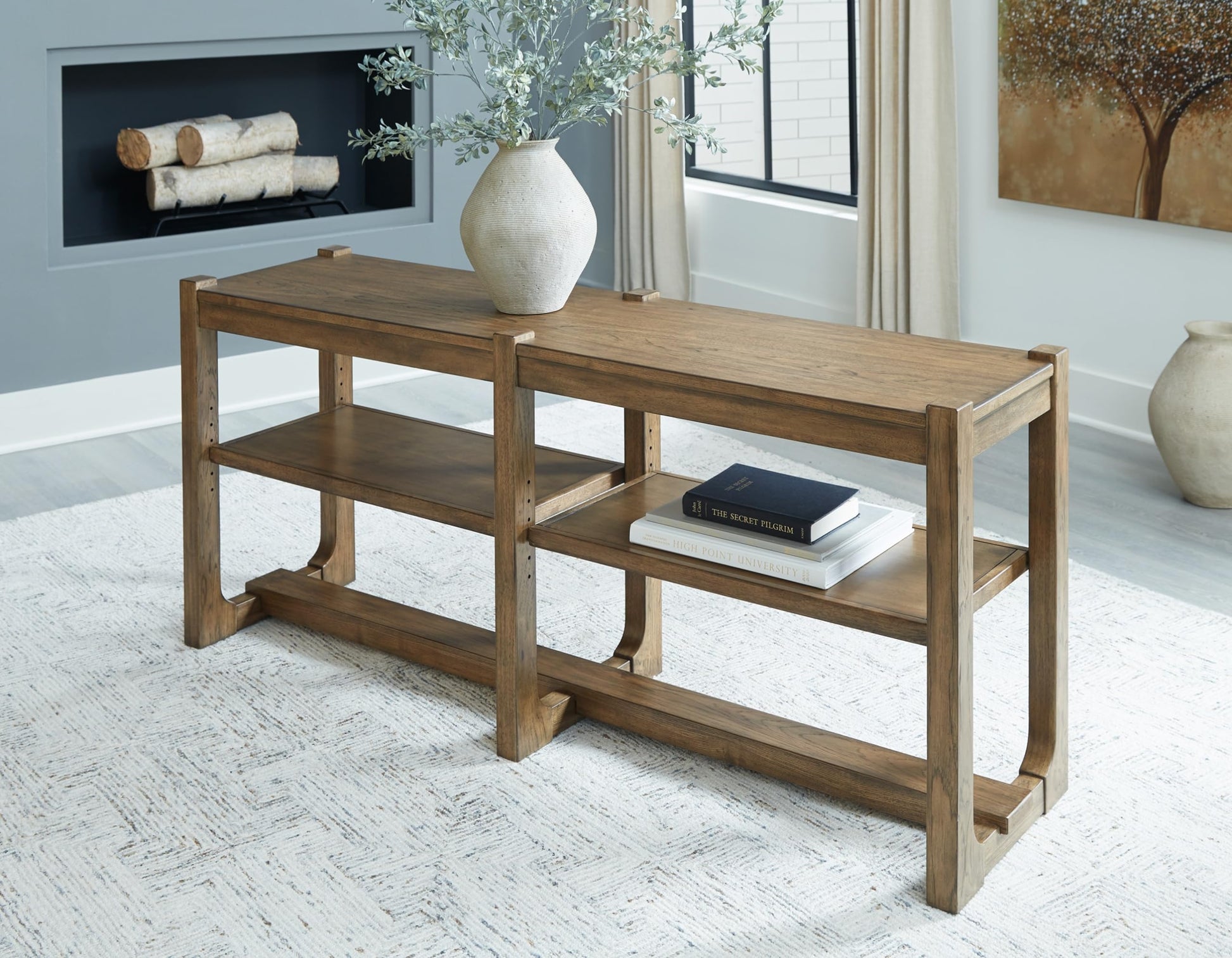 Signature Design by Ashley Cabalynn Farmhouse Sofa Table with 2 Adjustable Shelves, Light Brown - WoodArtSupply