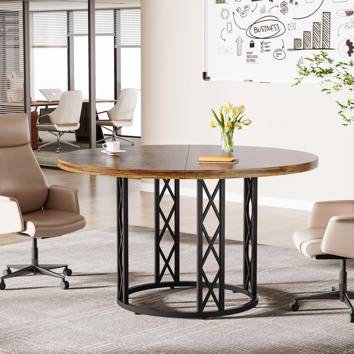 Tribesigns 47" Round Conference Table, Round Business Meeting Table with Metal Base, Small Seminar Table Reception Negotiation for Office Meeting Conference Room Tribesigns