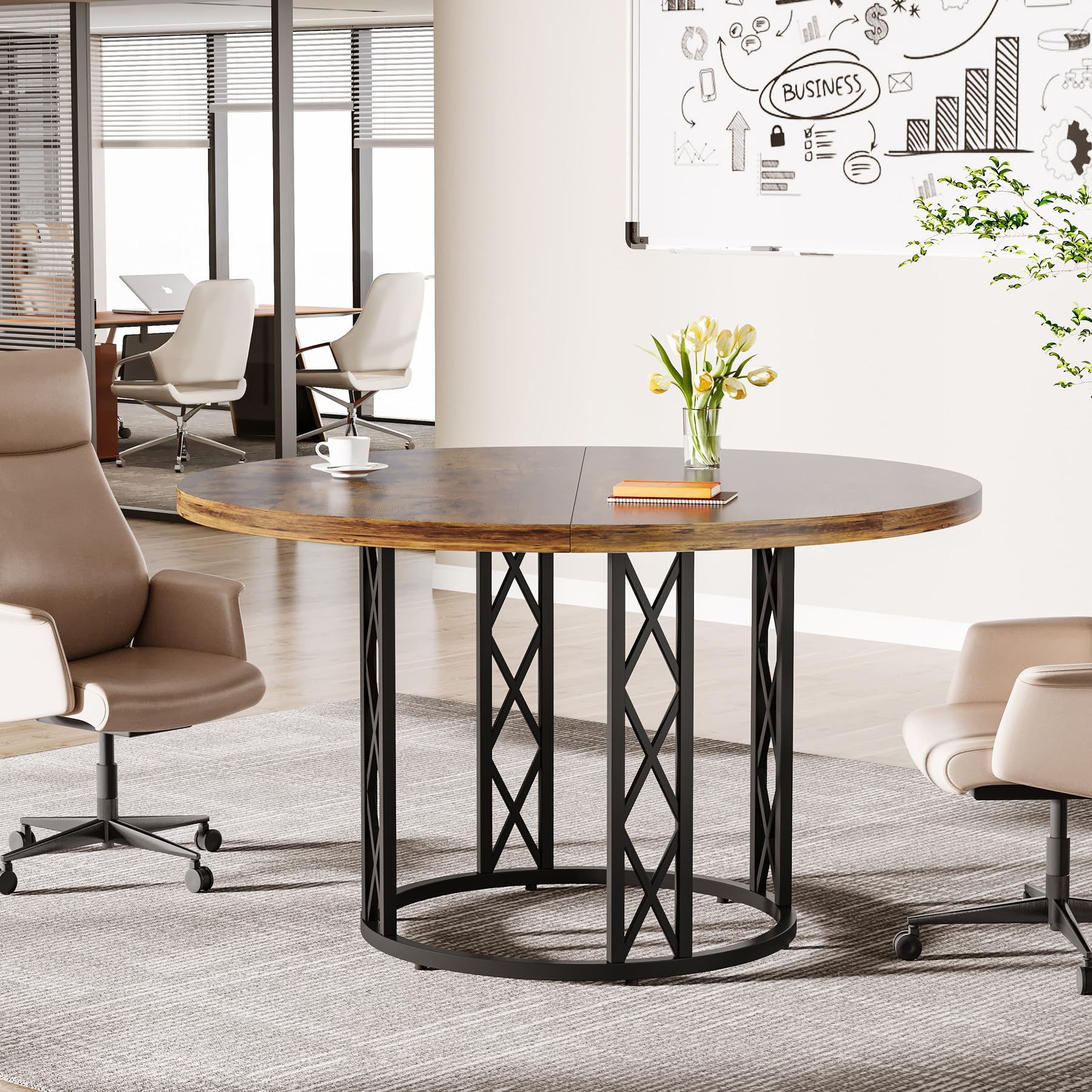 Tribesigns 47" Round Conference Table, Round Business Meeting Table with Metal Base, Small Seminar Table Reception Negotiation for Office Meeting Conference Room - WoodArtSupply