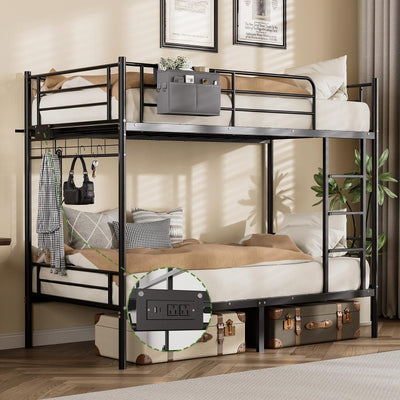 LIPIGE Bunk Bed Twin Over Twin,Metal Bunk Beds with Power Outlet and LED Lights,Heavy-Duty Safety Rails Ladder,Space-Saving Design with Storage Hooks,440lbs Capacity for Adults,Black