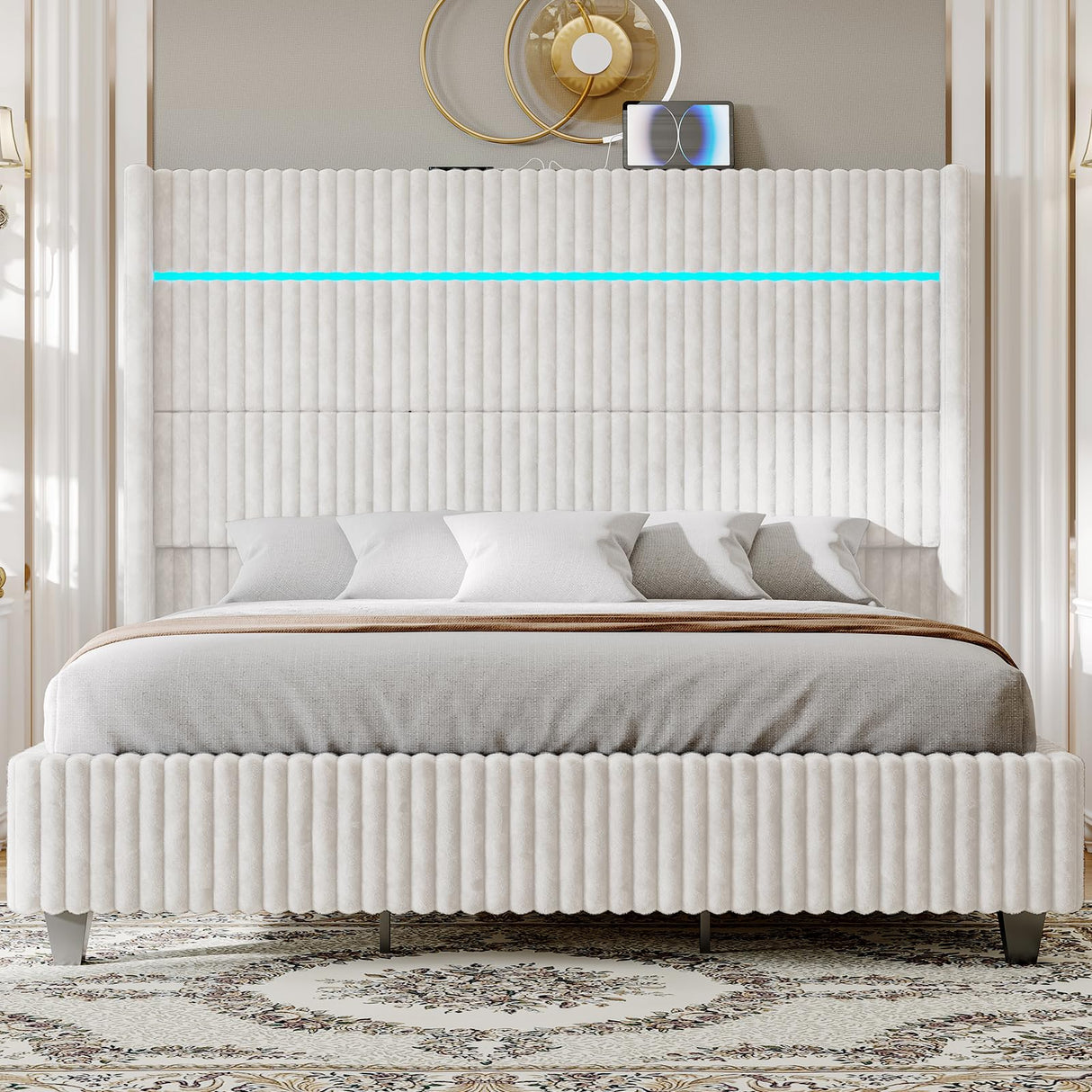 Jocisland 60" Tall King Bed Frame with LED Lights, Corduroy Upholstered Platform Bed Frame with Wingback Headboard and Charging Station/No Box Spring Needed/White Jocisland