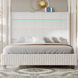 Jocisland 60" Tall King Bed Frame with LED Lights, Corduroy Upholstered Platform Bed Frame with Wingback Headboard and Charging Station/No Box Spring Needed/White Jocisland