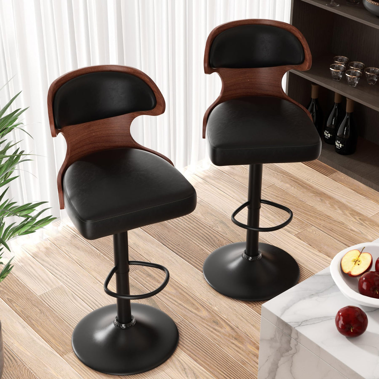 Nalupatio Bar Stools Set of 2 Seat Adjustable Height 24.5-33.5IN - Bentwood Swivel Barstools with Back & Footrest - PU Leather Upholstered Bar Chair for Bar, Kitchen, Dining Room Nalupatio