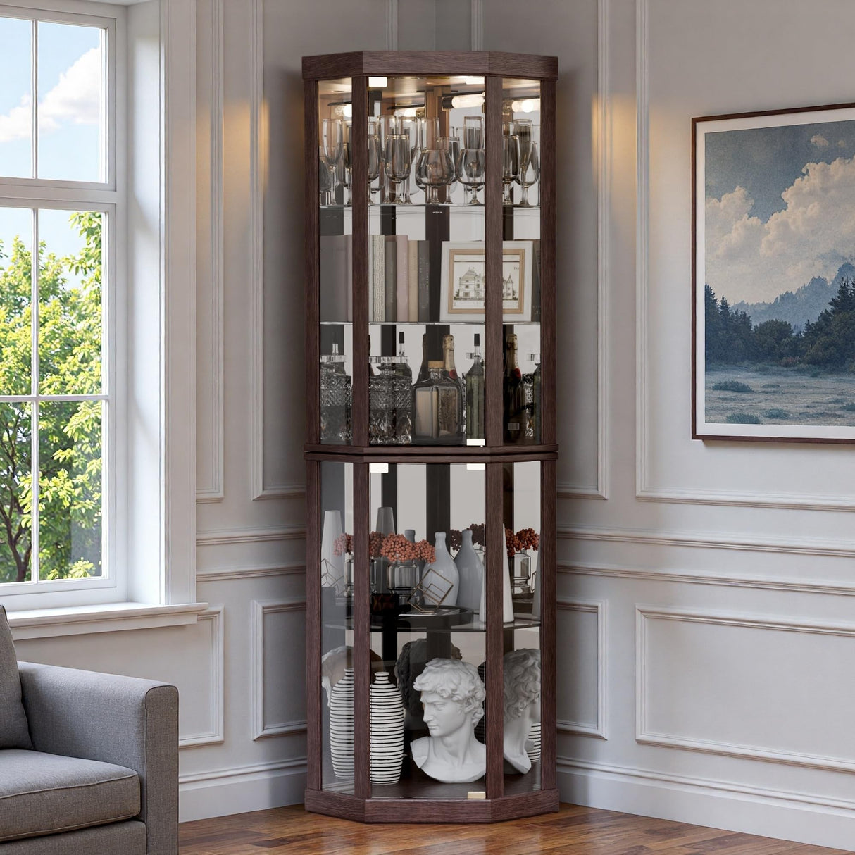 Trygoal Lighted 3-Side Glass Display Curio Cabinet, Corner China Cabinet with Tempered Glass Doors, Wooden Display Case with Light Bulb for Living Room, Dark Cherry Trygoal