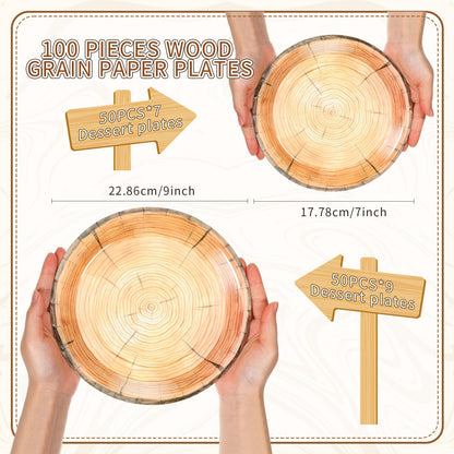 Tioncy 100 Pcs Wood Grain Paper Plates 7" 9" Rustic Wood Slice Plate Farmhouse Round Disposable Dinner Plate for Woodland Baby Shower Lumberjack Birthday Party Supplies(wood Grain, 100 Pieces - WoodArtSupply