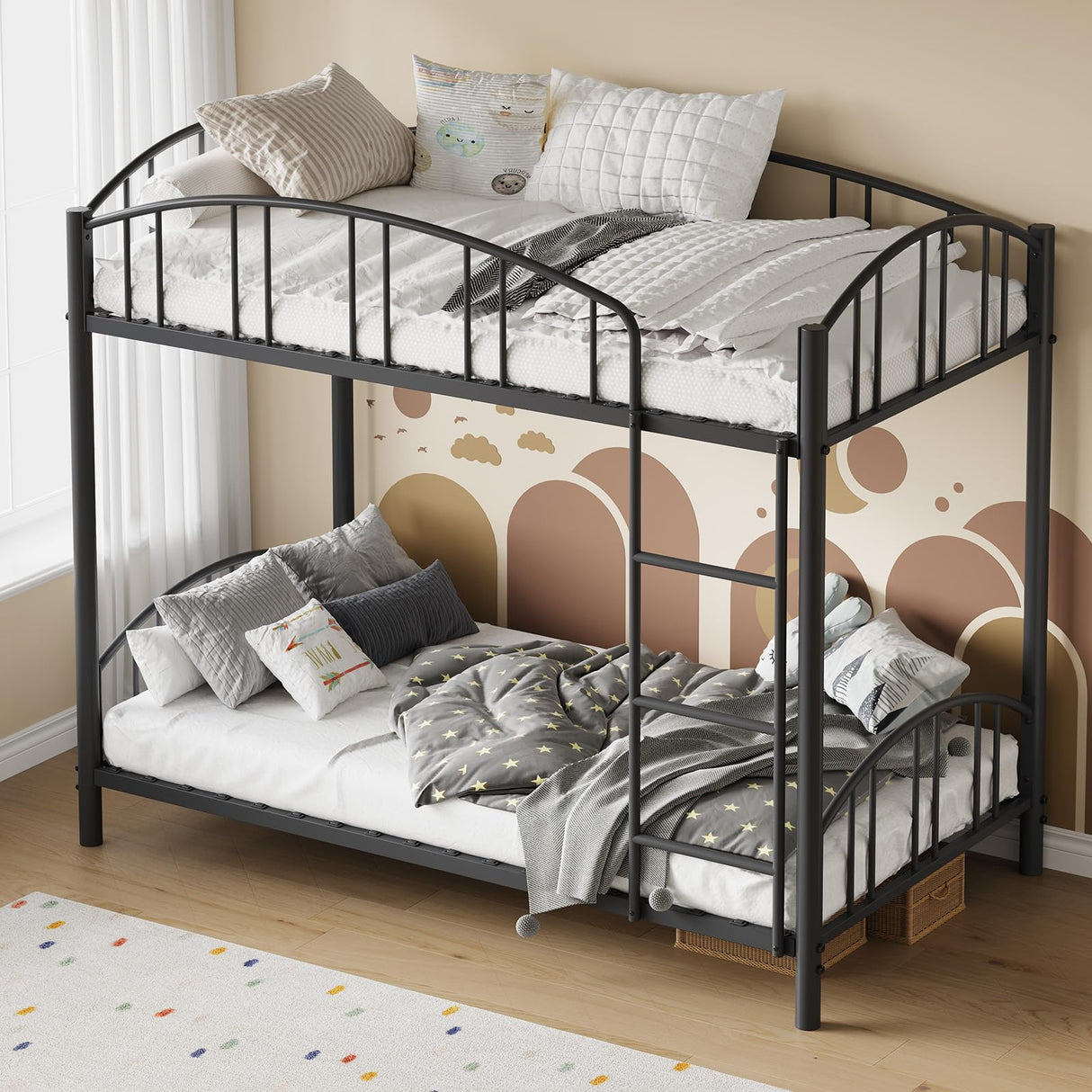 Garvee Bunk Bed Twin Over Twin with Ladder and Arched Guardrail, Heavy Duty Bunkbeds Frame with Sturdy Steel Slats Support for Kids Boys Girls, Space-Saving, No Box Spring Needed, Black Garvee