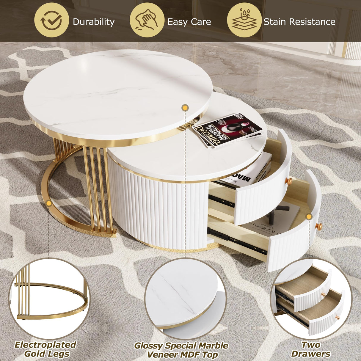 27.6'' Modern 2 Pieces Round Nesting Coffee Table with Drawers, Gold+White Merax