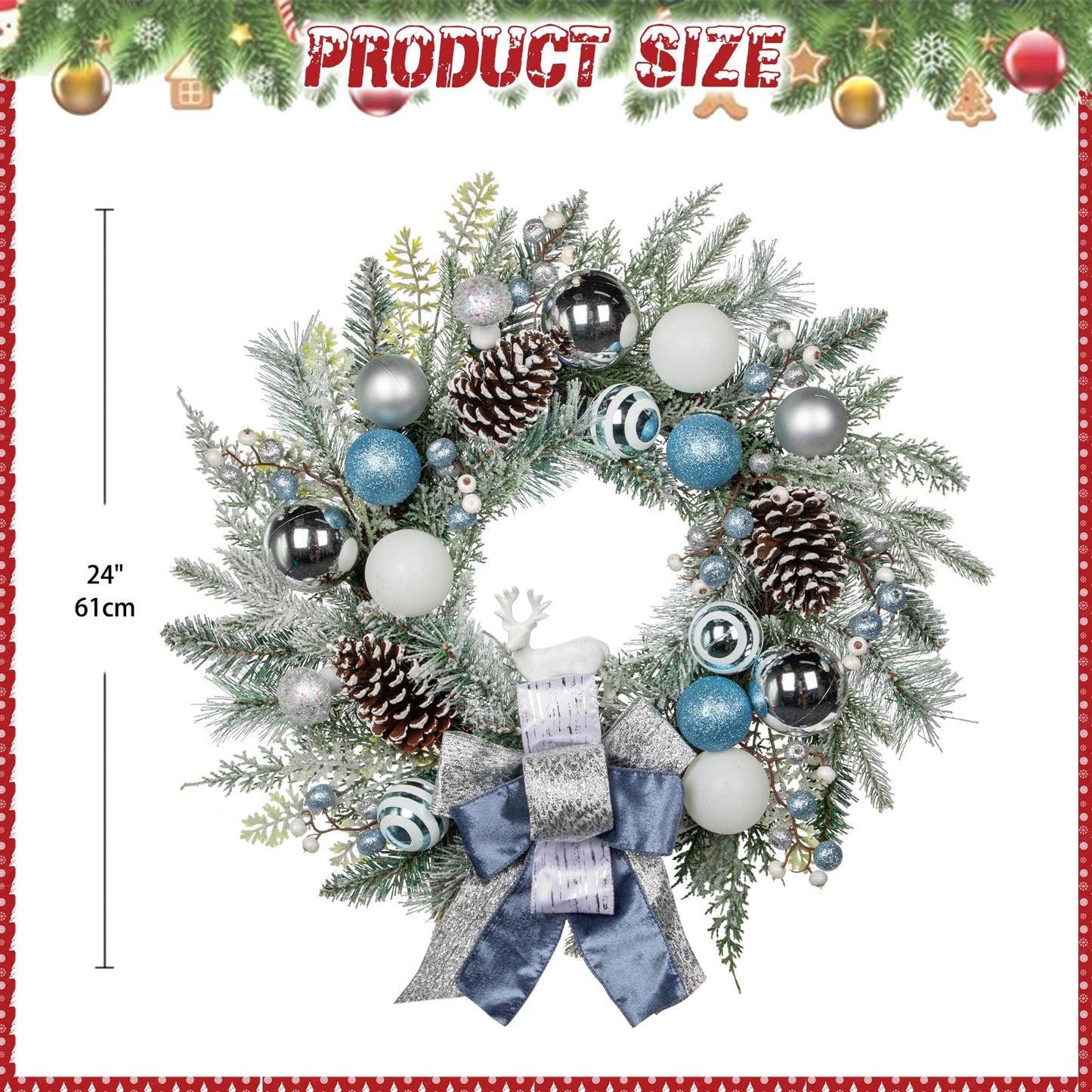 24" Christmas Wreath for Front Door Artificial Unlit Winter Wreath with Pine Cones, Berry Clusters, Blue Ball Ornaments and Ribbon for Thanksgiving Holiday Christmas Decoration