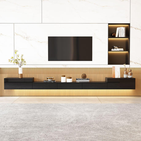 MOUMON Floating TV Console Media Console with High Gloss Drawers & Lights, Modern Wall Mounted TV Stand Floating Media Center for Living Room Black (110.2”W x 11.8”D x 9.4”H) MOUMON