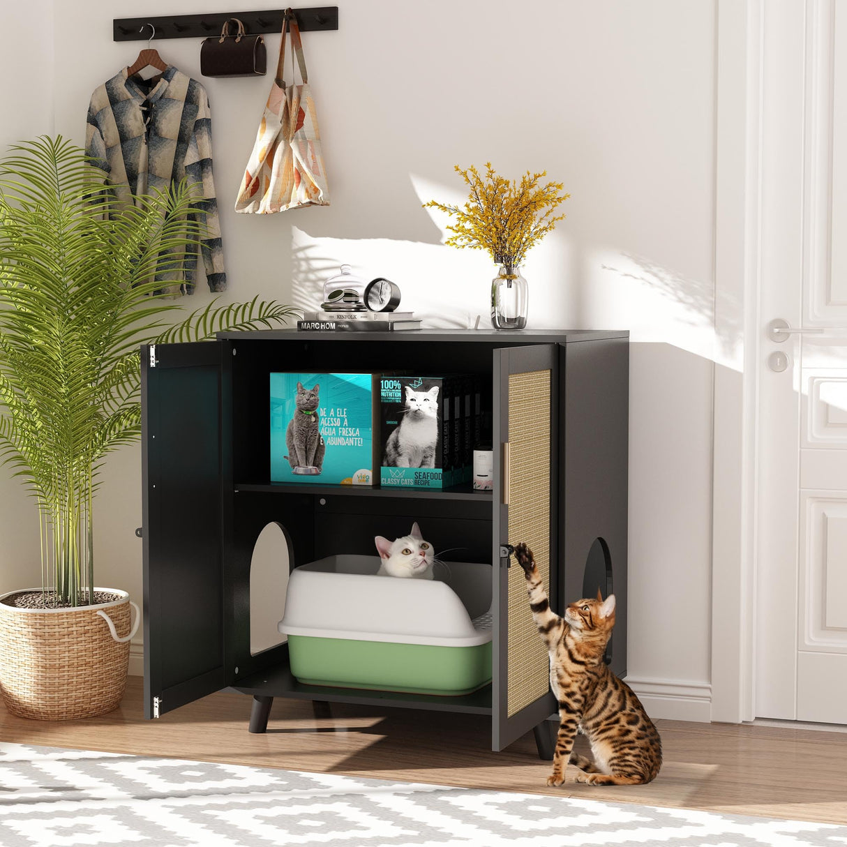 Lovinouse Large Cat Litter Box Enclosure,Hidden Kitty Litter Furniture with Sisal Covered Doors,2-Layer Wooden Cat Washroom Cabinet w/Adjustable Shelf, Side Table for Living Room,Black Lovinouse