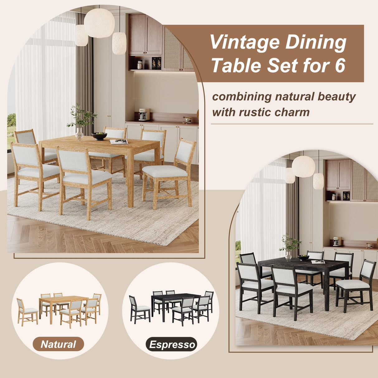 Merax 7 Pieces Retro Dining Set for 6, Rectangular Wood Dining Table with 6 Upholstered Chairs for Kitchen, Living Room, Natural Merax
