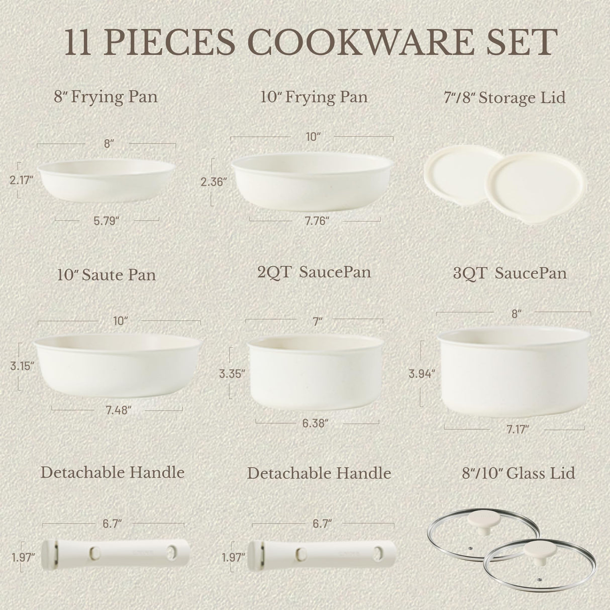 CAROTE Pots and Pans Set Non Stick, Cookware Sets, 11pcs Kitchen Set, Oven/Fridge Safe, Space Saving Pots Set, Nonstick Cooking Set with Versatile Detachable Handle, Induction RV Set, Cream White CAROTE