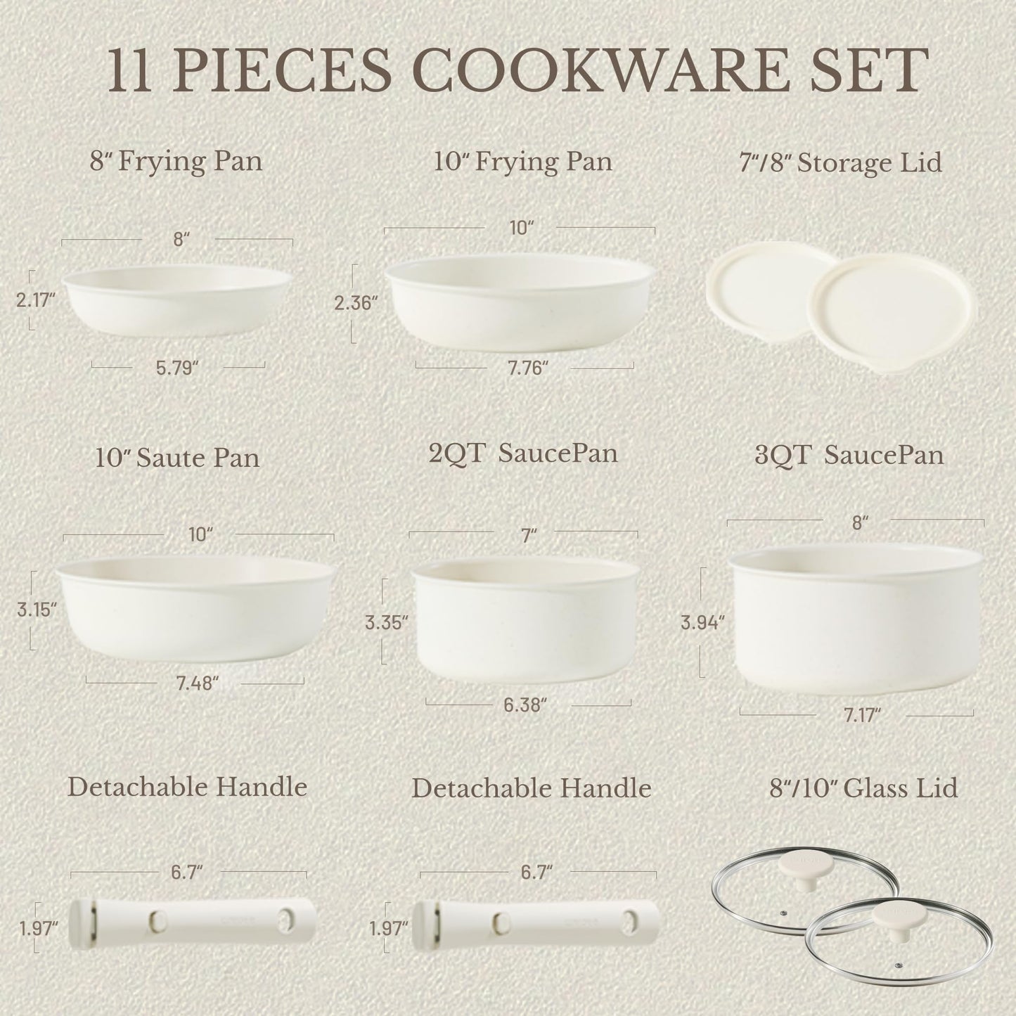 CAROTE Pots and Pans Set Non Stick, Cookware Sets, 11pcs Kitchen Set, Oven/Fridge Safe, Space Saving Pots Set, Nonstick Cooking Set with Versatile Detachable Handle, Induction RV Set, Cream White