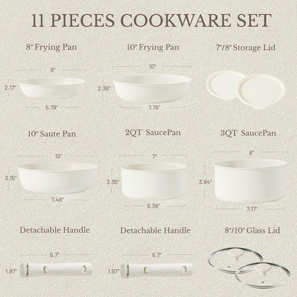 CAROTE Pots and Pans Set Non Stick, Cookware Sets, 11pcs Kitchen Set, Oven/Fridge Safe, Space Saving Pots Set, Nonstick Cooking Set with Versatile Detachable Handle, Induction RV Set, Cream White