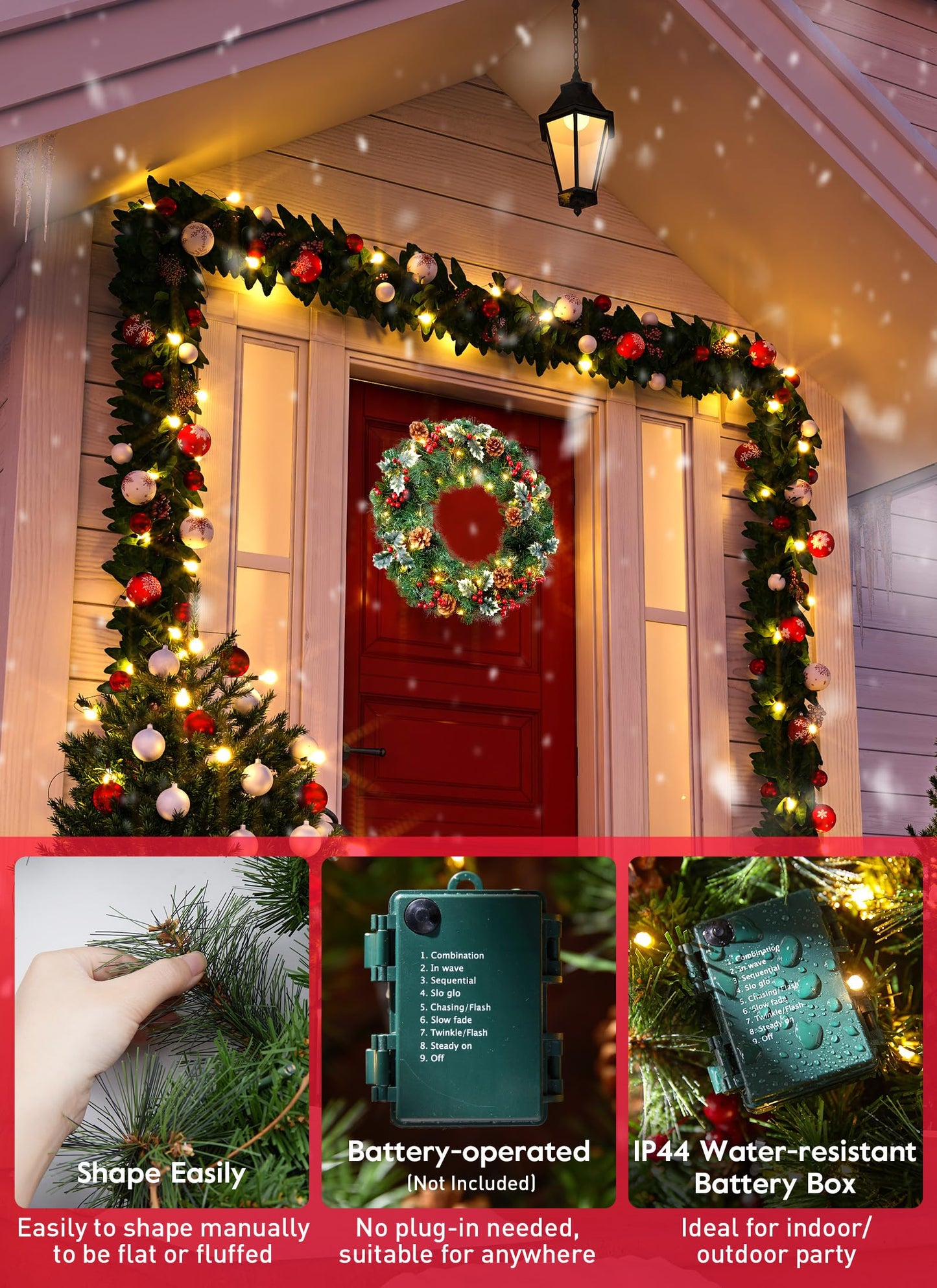 24 Inch Pre-Lit Artificial Christmas Wreath, Battery Operated LED Christmas Wreath with Pine Needles Branches Hari Leaves Red Berry Pine Cones Lighted Wreath for Front Door Wall Windows X-mas Ornament