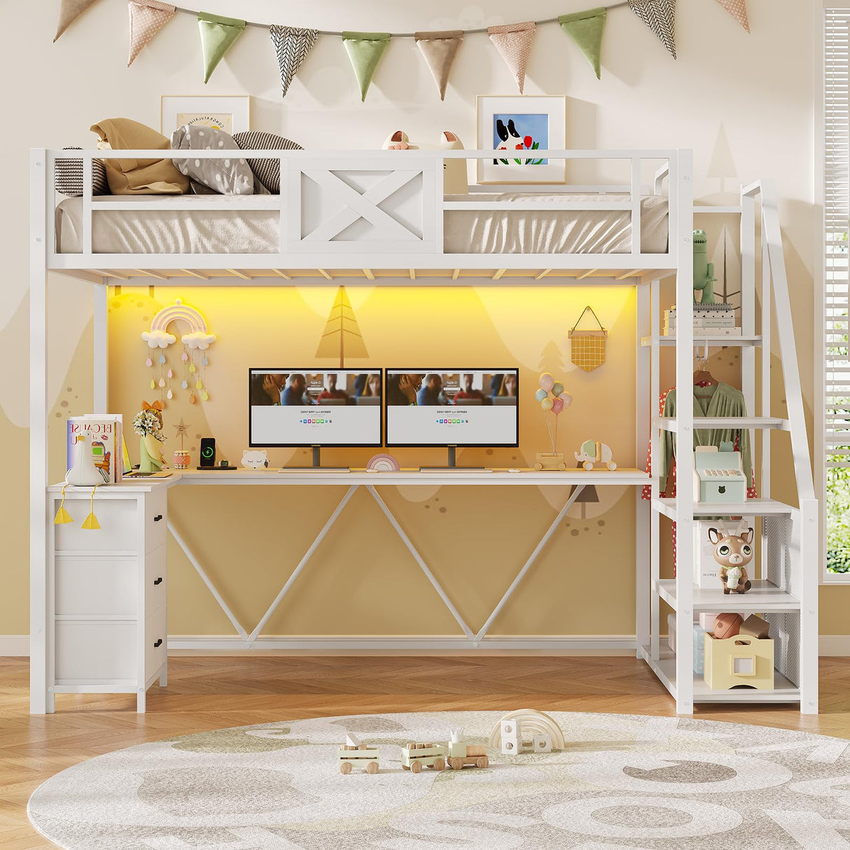 Itaar Stairway Twin Size Loft Bed with L Shaped Desk and Wardrobe, Metal Loft Bed Frame with Storage Stairs,3 Fabric Drawers, LED Lights & Charging Sation,No Noise & No Box Spring Needed, White Itaar