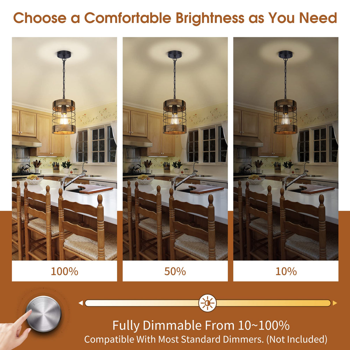 Rustic Pendant Light Fixtures, Farmhouse Kitchen Wood Hanging Lighting, Industrial Round Cage Chandelier for Entryway Hallway Dining Room Bedroom Foyer ACNKTZ