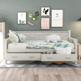 Twin Size Farmhouse Wood Daybed with 2 Storage Drawers, X-Shaped Sturdy Modern and Rustic Casual Style Corner Bed Day Bed Frame with Drawers for Bedroom, No Box Spring Required (Cream White+Twin) THINK 30