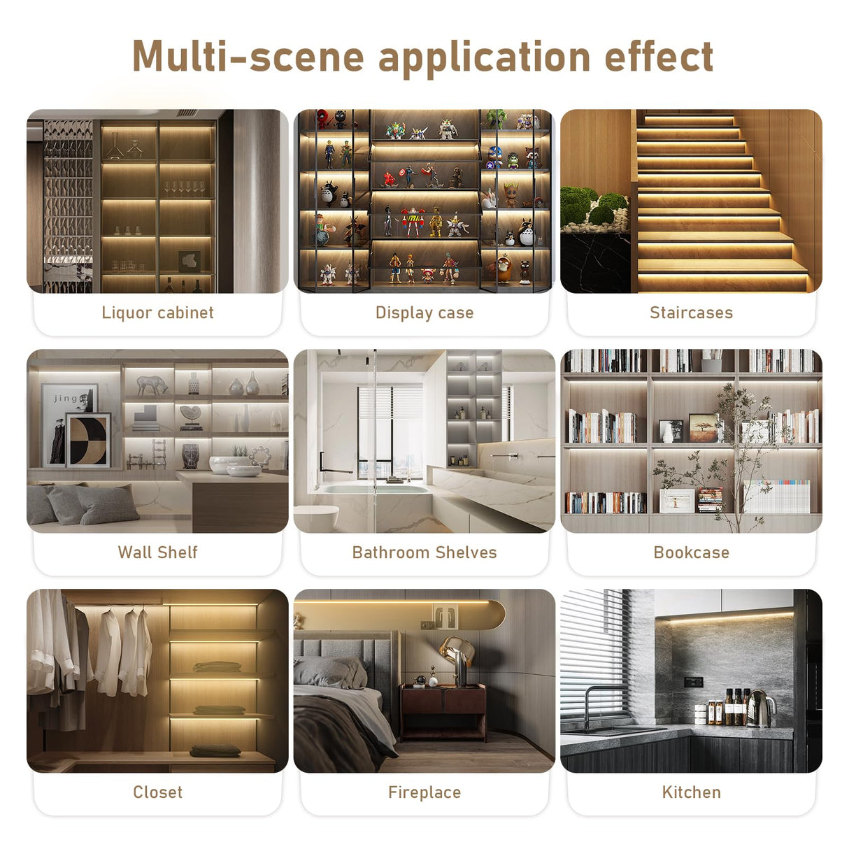 CUBITOR Under Cabinet COB Led Light Strip kit,16.4ft/5m Cuttable 3000K,Diffused Power with 6 Output Ports,Touch Switch&Dimmer Strip for Gun Safe Case,Book Shelf,Floating Shelf,Wall Panel,Home Decor CUBITOR