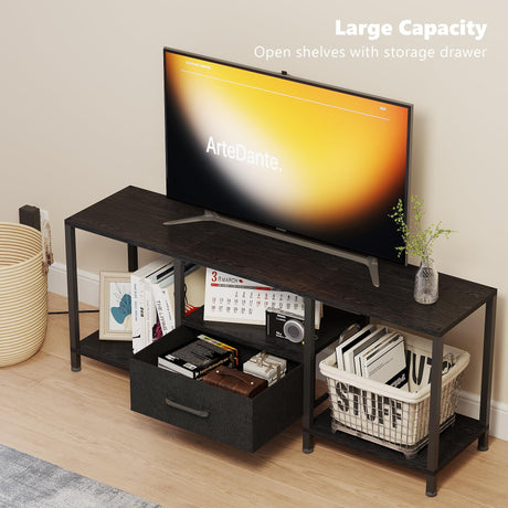 JARHETUN TV Stand with LED Lights, Entertainment Center with Open Shelves and Fabric Drawer, Media Console for 55 Inch TV, Television Stands for Living Room, Bedroom, Black JARHETUN