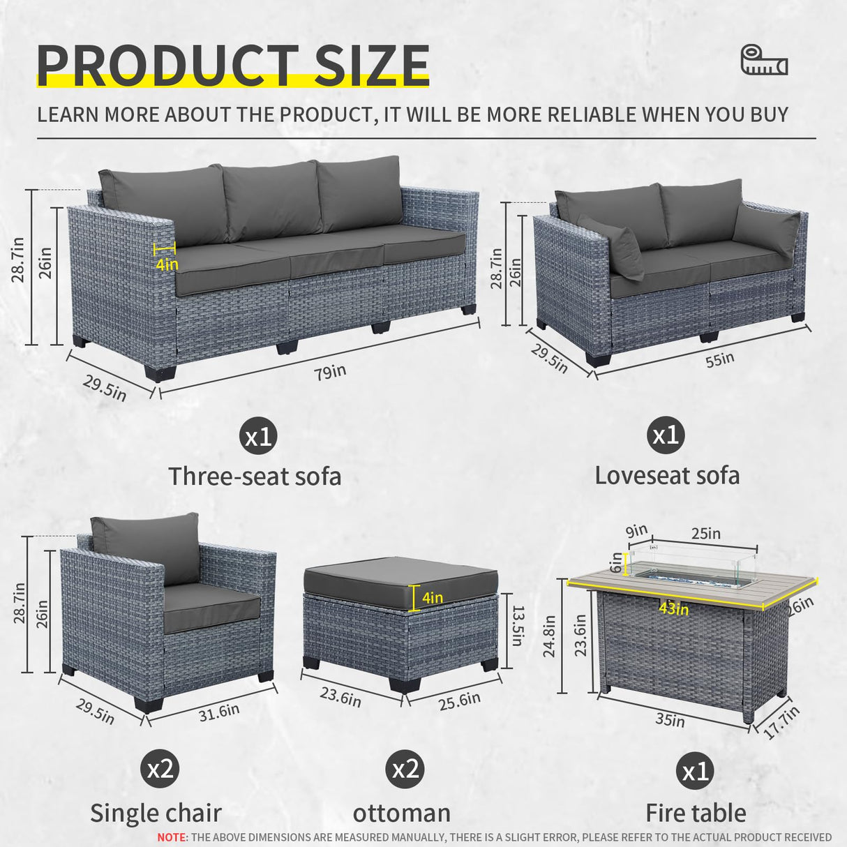 Lviden 7 Piece Wicker Patio Furniture Sets Outdoor Conversation Set, PE Rattan Sectional Sofa Couch with Fire Pit Table and Non-Slip Grey Cushions, Furniture Covers Included Lviden