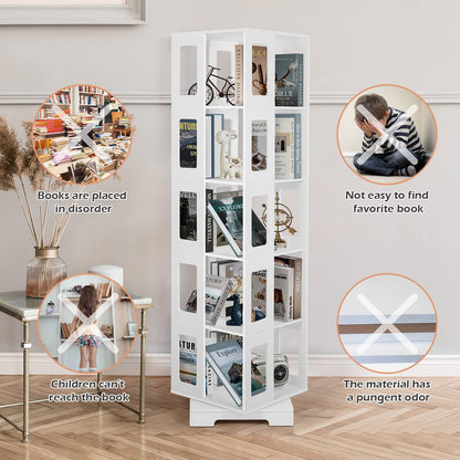 Foriy 5-Tier 360° Rotating White Bookshelf for Kids and Adults - Space-Saving Floor Standing Storage Solution - WoodArtSupply