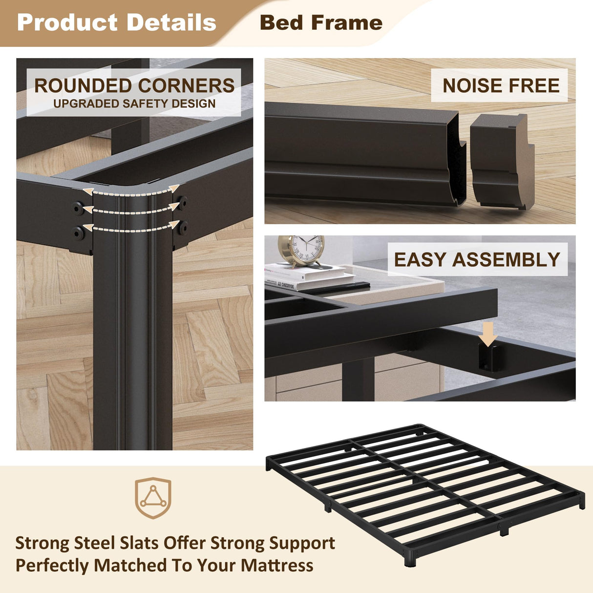 Likelalaso 3 inch Low King Size Bed Frame with Rounded Corner, Heavy Duty Metal, Easy Assembly, Noise Free, Black Likelalaso