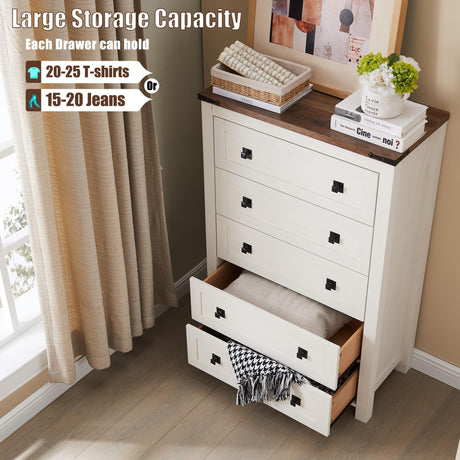 T4TREAM Farmhouse 5 Drawers Dresser Chests for Bedroom, Wood Rustic Tall Chest of Drawers, Dressers Organizer for Bedroom, Living Room, Hallway, Antique White T4TREAM