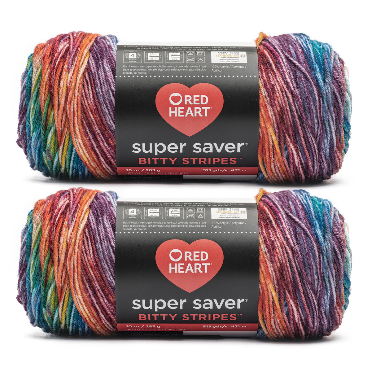 Red Heart Super Saver Bitty Stripe Crayon Box Yarn - 2 Pack of 10oz/283g - 100% Acrylic - #4 Worsted (Medium) - 515 Yards - Knitting/Crochet Red Heart