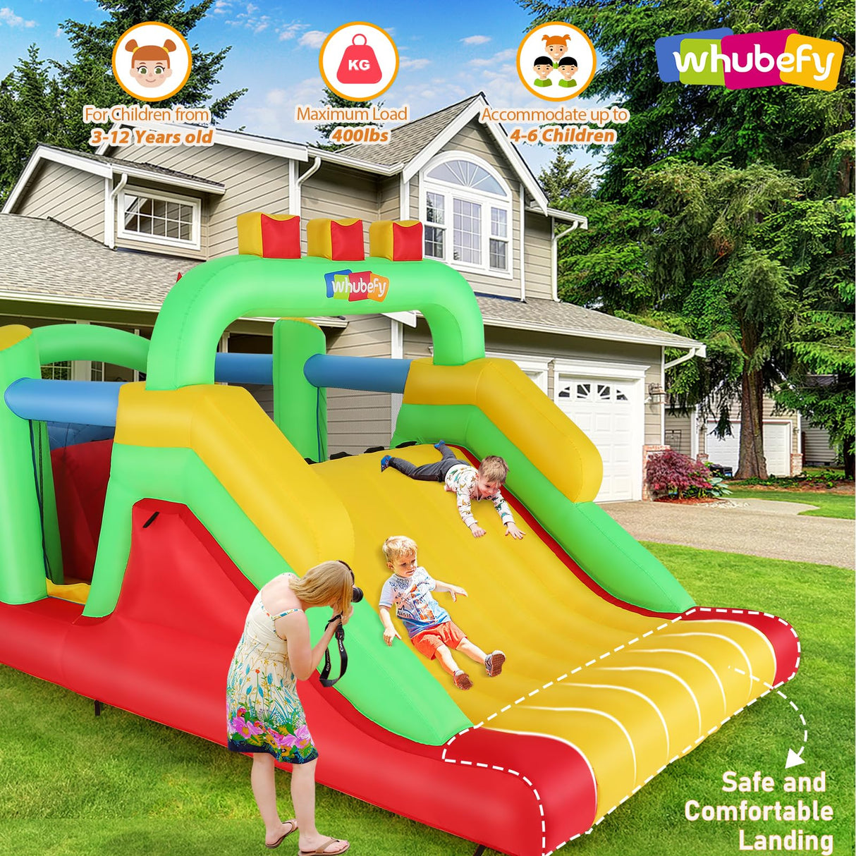 Whubefy 18x8.2FT Large Bounce House for Big Kids 8-12, Blow up Inflatable Obstacle Course with Slide Tunnels Jump Castle Bouncer 680W Blower, Outdoor Playhouse Bouncy House Birthday Gift for Kids 3-6 Whubefy