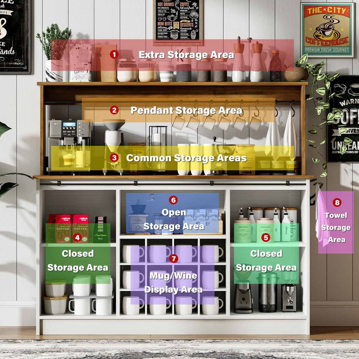 4ever2buy Farmhouse Coffee Bar Cabinet with 8 Hooks, 55” Kitchen Hutch Cabinet with Storage, White Coffee Bar with Sliding Barn Doors, Wine Bar Cabinet with 12 Racks for Living Dining Room 4ever2buy