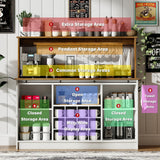 4ever2buy Farmhouse Coffee Bar Cabinet with 8 Hooks, 55” Kitchen Hutch Cabinet with Storage, White Coffee Bar with Sliding Barn Doors, Wine Bar Cabinet with 12 Racks for Living Dining Room 4ever2buy