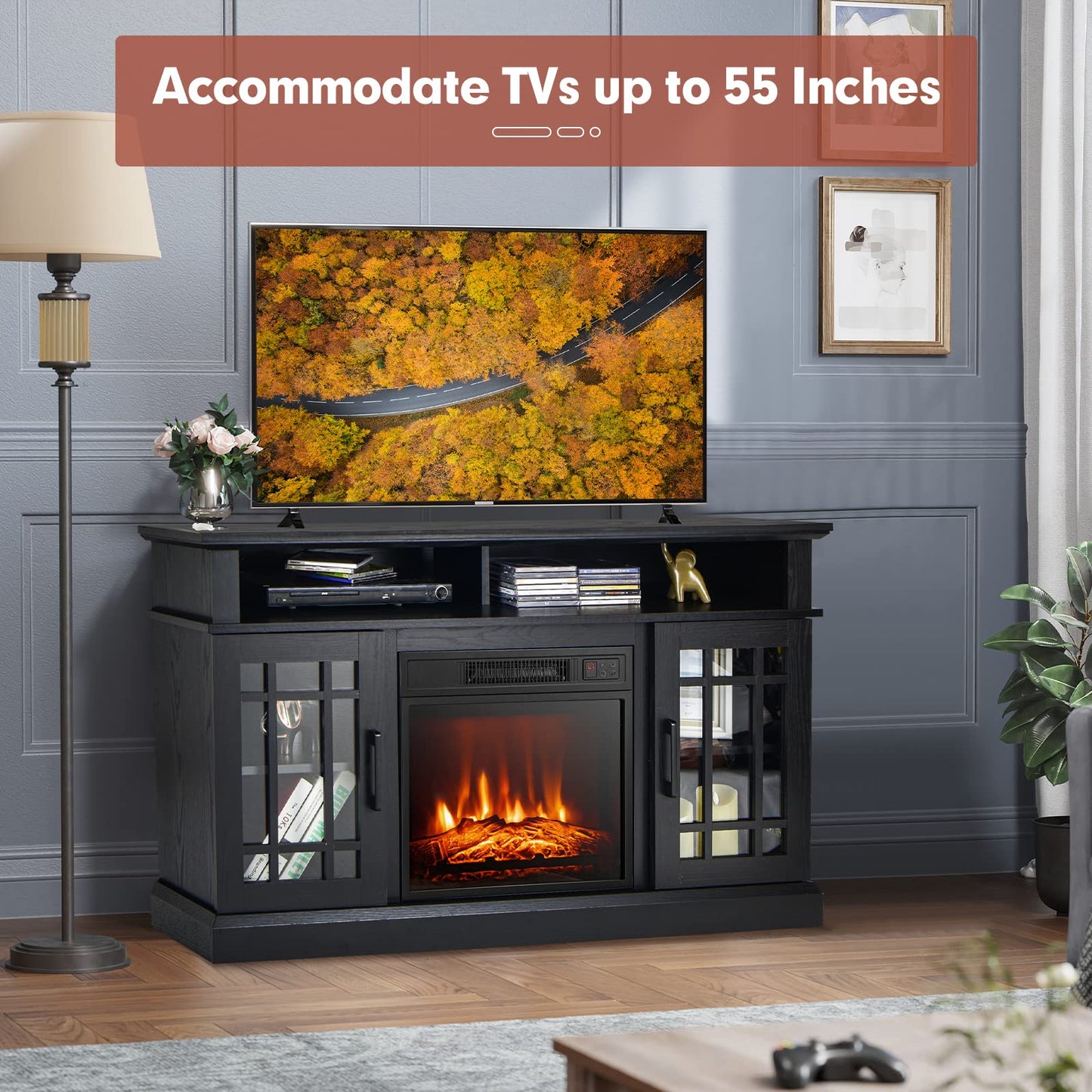 COSTWAY Electric Fireplace TV Stand for TVs Up to 55 Inches, 18-Inch Fireplace Insert with Remote, Overheat Protection, 48-Inch Wooden Media Entertainment Center with Adjustable Shelves, Black