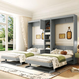 2-in-1 Design Dual Murphy Bed Twin Size with Cabinets and Shelves, Wood Wall Murphy Bed, Can be Folded Platform Bed with Convertible Shelf-Legs for Guest Room Home Office (Gray-7.23) XD Designs