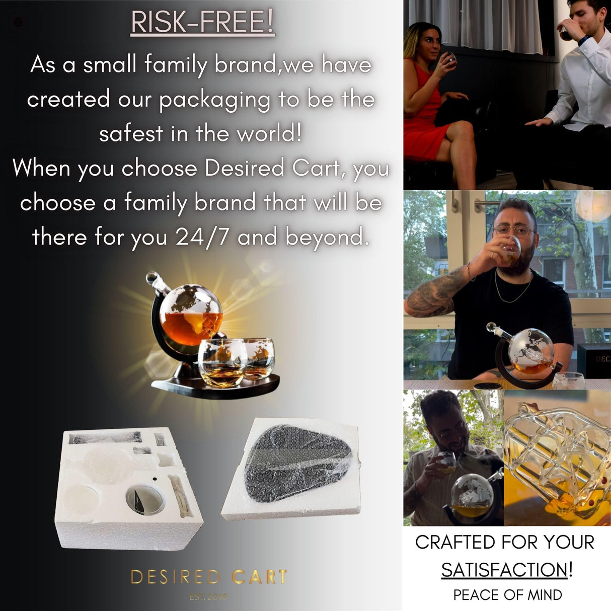 Whiskey Decanter Globe Set with 2 Etched Globe Whisky Glasses | Whiskey Stones, Ice Tong, Coasters, Funnel - Gifts for Men Dad, Husband - Liquor, Bourbon, Scotch, Vodka with a Wood Stand - 850ml Desired Cart