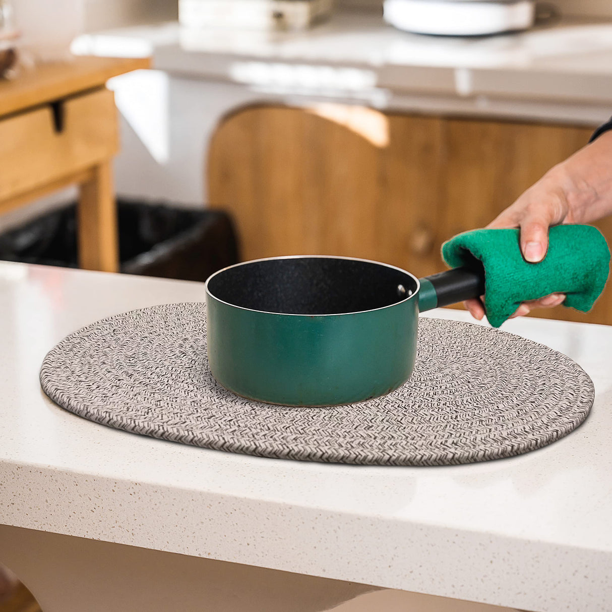 ART pinecone Cotton Rope Woven Placemats 16 * 12 inches Oval Hot Pads Hot Mats Set of 6, and 1 Storage Basket for Holiday Table Decor (16 * 12 Plus 6 Coasters, Brown Mixed) ART pinecone