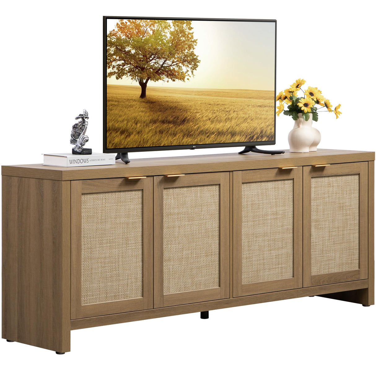 SICOTAS TV Stand for Living Room Rattan Entertainment Center for Bedroom with 4 Rattan Cabinets Farmhouse Television Stands with Storage Large Media Console Table for TVs up to 50 55 60 65 Inch SICOTAS