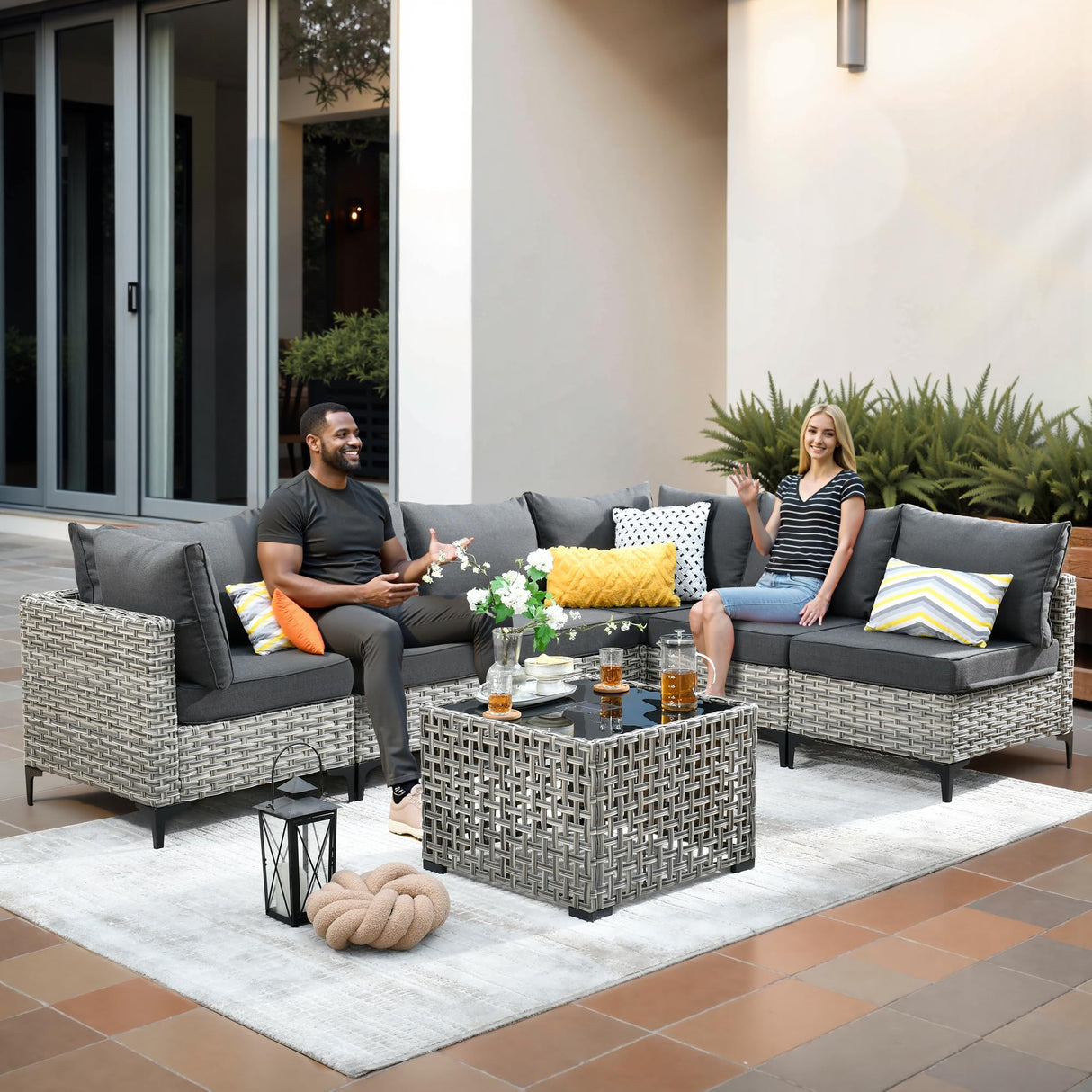 CAODOC 11-Piece Outdoor Sectional Sofa Set w/ 54" Fire Pit – L-Shaped Wicker Patio Furniture, Deep Seating & Swivel Rockers,Black CAODOC