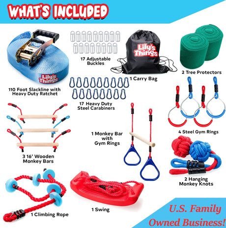 Double Ninja Slackline Obstacle Course for Kids | 110 Foot Line | Monkey Bars Playground Equipment | Ninja Warrior Obstacle Course for Kids | Patented Double Line Design (Deluxe) Lily's Things