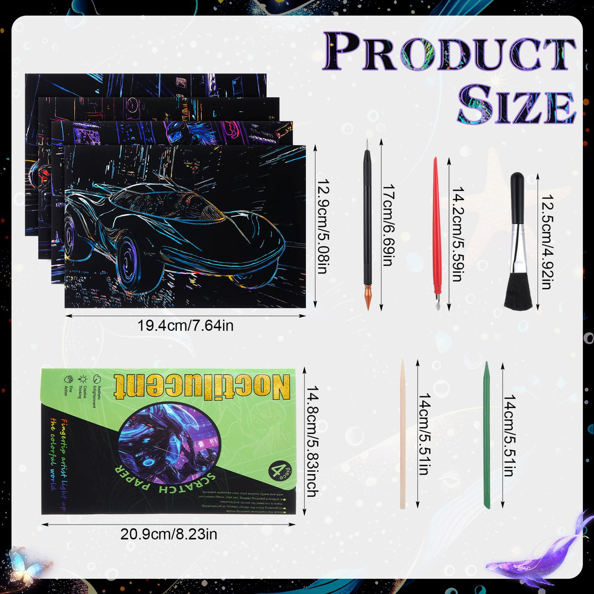 Gersoniel 4pcs Scratch Art Adult Scratch Painting Kits Glow in The Dark Rainbow Painting Paper with Pen & Cleaning Brush Noctilucent Scratchboard for Adults Gift, Racing Theme, Back to School Gifts Gersoniel