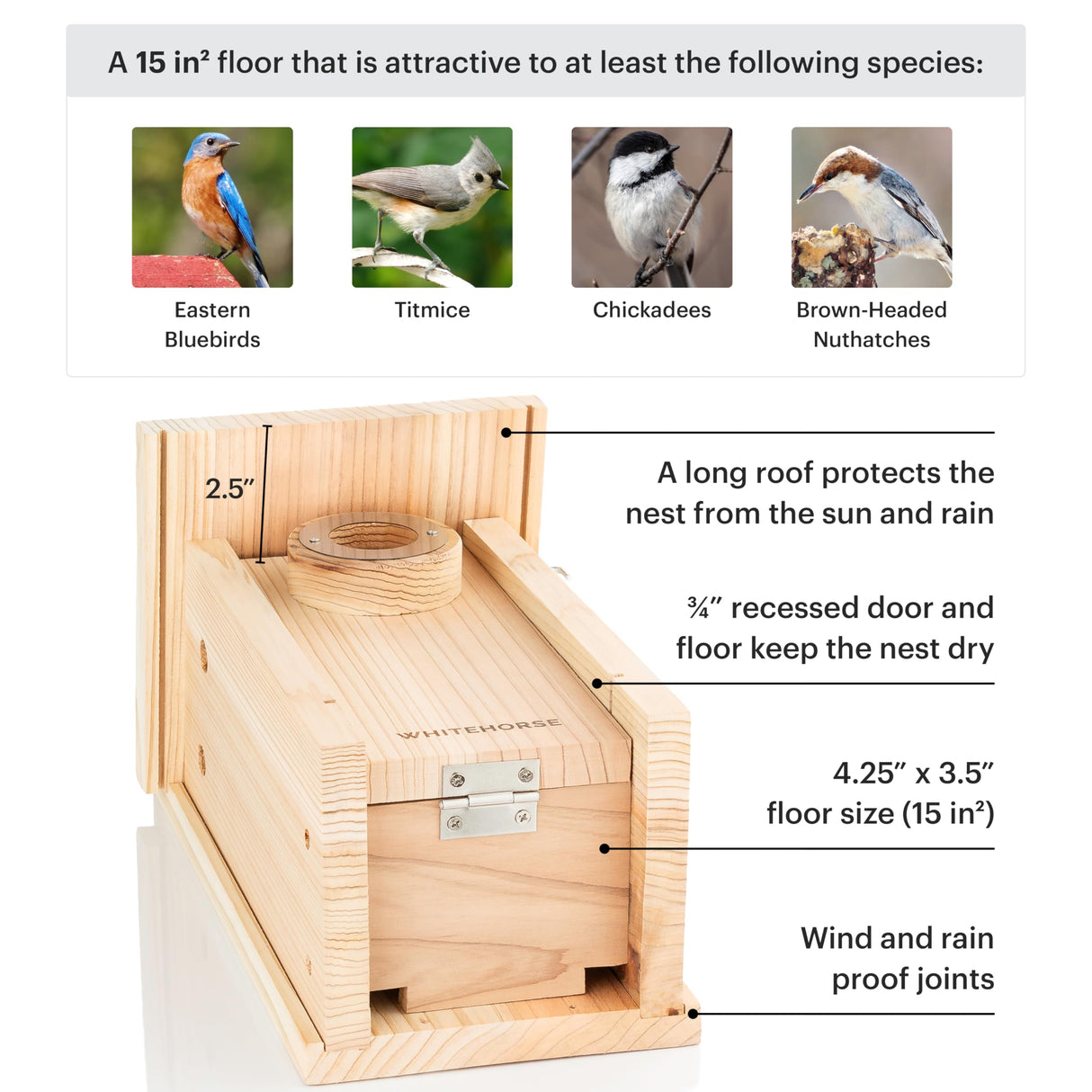WHITEHORSE Bird Houses for Outside - Weatherproof Bird House for Outdoors - Cedar Bluebird House Built to NABS Specs - Nest Box for Bluebirds, Chickadees, Titmice, Wrens, Nuthatches & More (15” Floor) WHITEHORSE