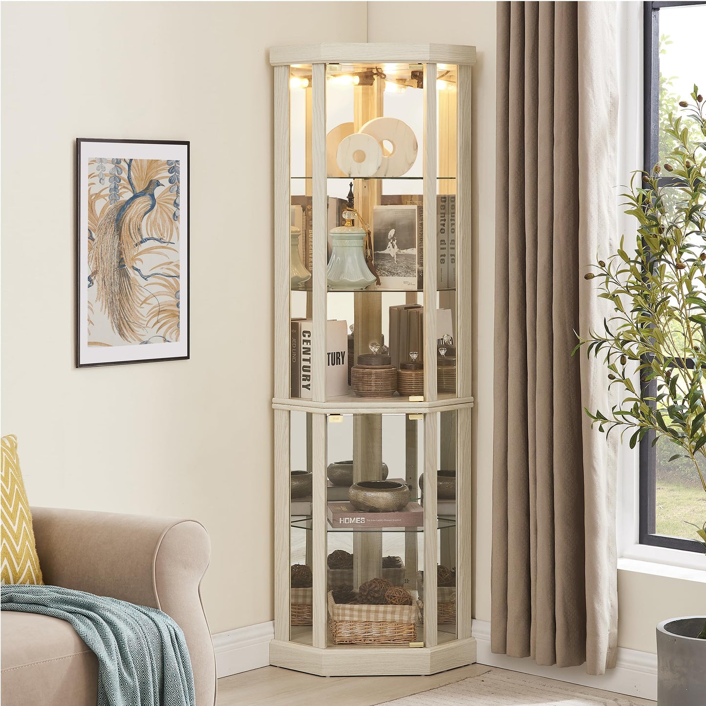 nifoti 69" H Lighted Curio Cabinet Corner Display Case,Corner Glass Cabinet with Tempered Glass Door and Adjustable Shelves,Wooden Corner Curio Cabinet with Mirrored Back Pane(Style 1 - Antique White)