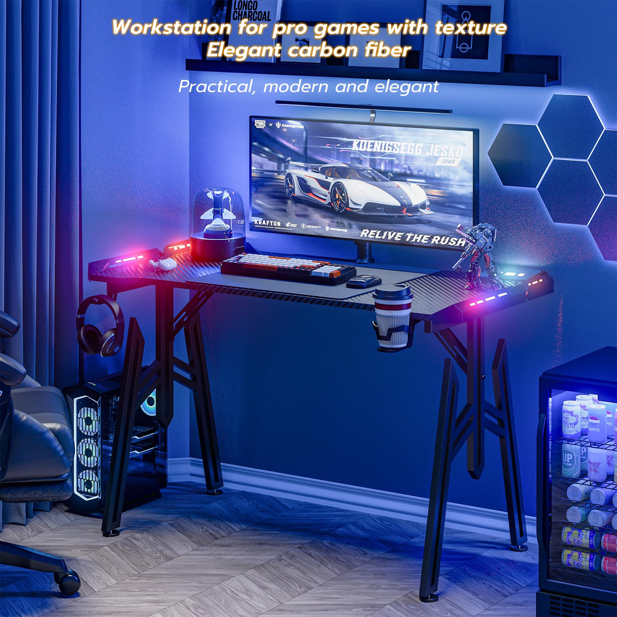 WEMUZVIU Gaming Desk with LED Lights - Ergonomic RGB Gaming Computer Table, 55 inch Carbon Fiber Surface Computer Desk PC Workstation with Cup Holder & Headphone Hook WEMUZVIU
