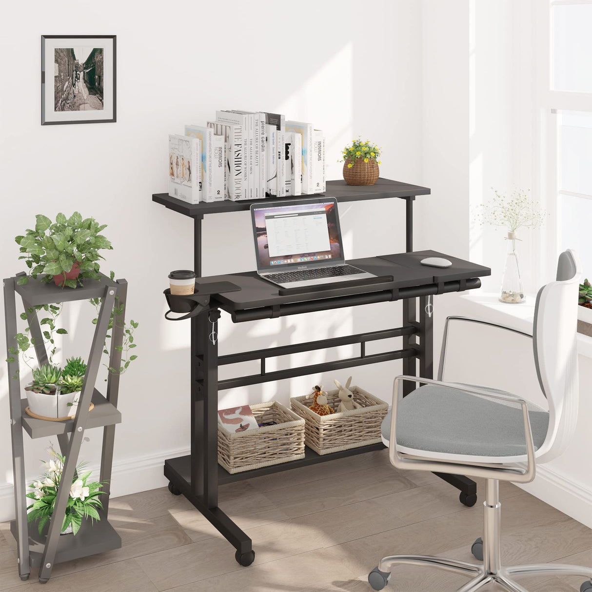 Panta Mobile Standing Desk, Adjustable Rolling Computer Desk with 3 Desktops, Portable Laptop Table with Desk Cup Holder, Home Office Laptop Workstation on Lockable Wheels, Black Panta