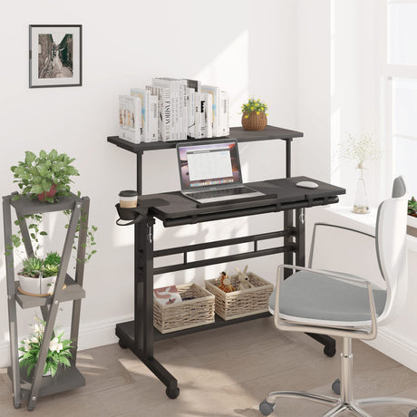 Panta Mobile Standing Desk, Adjustable Rolling Computer Desk with 3 Desktops, Portable Laptop Table with Desk Cup Holder, Home Office Laptop Workstation on Lockable Wheels, Black Panta