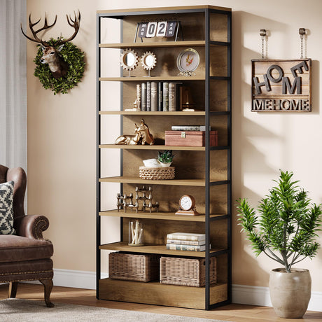 Tribesigns 71" Tall Bookshelf, 8-Tier Industrial Etagere Bookcase with Back, Vintage Floor Stand Storage Organizer Shelving for Living Room, Kitchen, Home Office, Rustic Brown Tribesigns