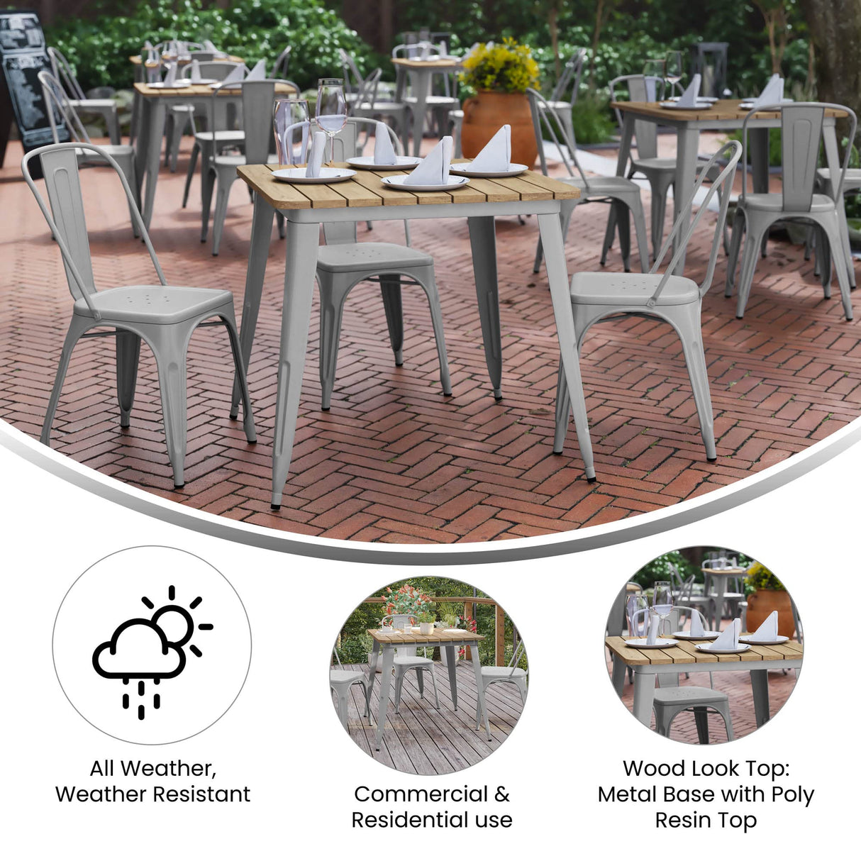 Flash Furniture Declan Commercial Outdoor Dining Table, All Weather Poly Resin Top with Steel Base, 31.5" Square, Brown/Silver Flash Furniture
